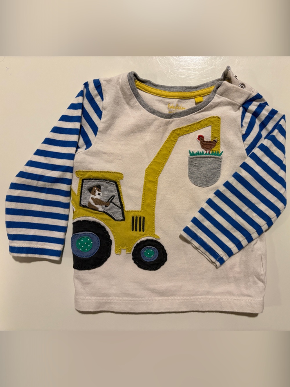 Baby Boden Long-Sleeve Tee with Blue and white stripes and Excavator Applique